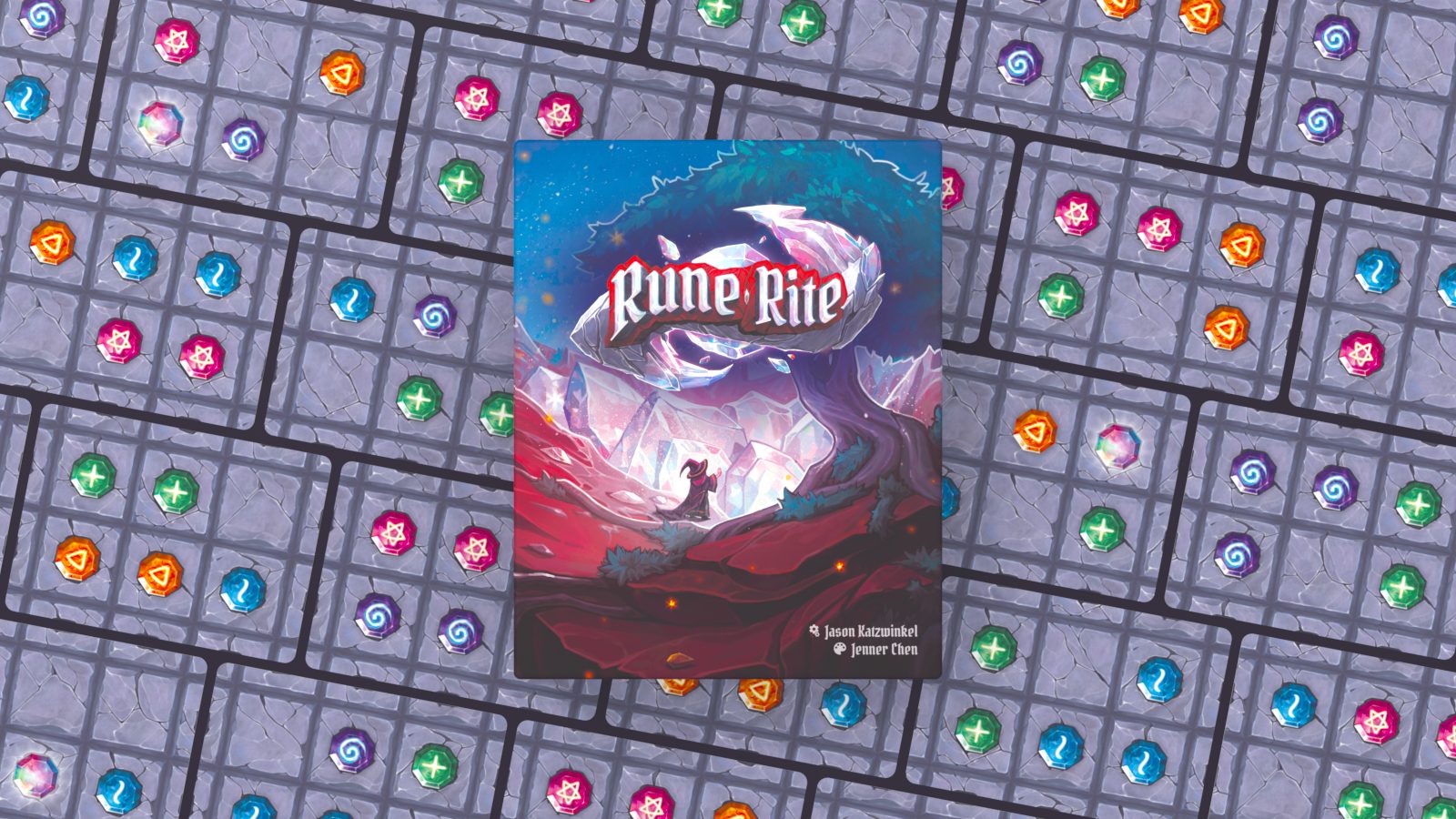 The box for Rune Rite sitting atop a field of Rune Rite cards.