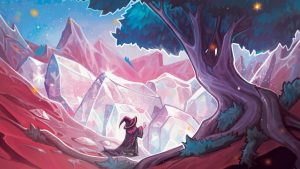 A portion of the box top art for the board game Rune Rite. A witch performing some kind of magic in front of a gigantic growth of crystals.