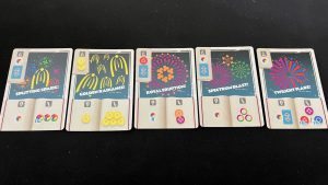 A shared tableau of five Pyrotechnics cards. Courtesy of Gaming Trend.