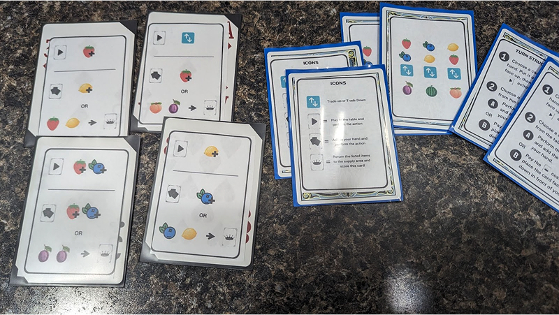 An early prototype copy of the Pyrotechnics board game featuring fruit as the theme.
