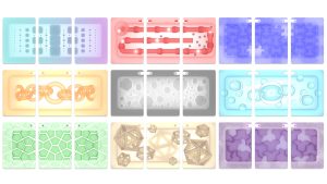 Some of the triple sets of cards from the card game Threed.