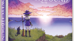 A 3D rendering of the box for the solo board game Witchbound. It features a witch holding a broom looking out into a sunset, with a black cat sitting next to her.