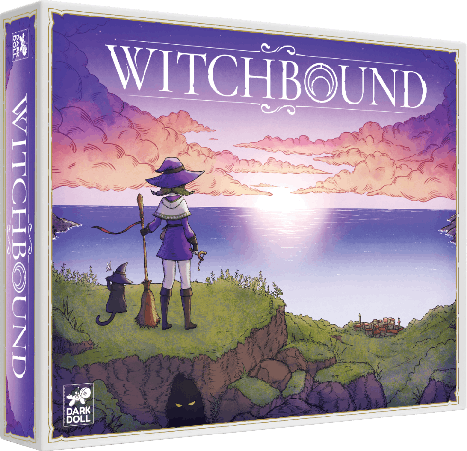 A 3D rendering of the box for the solo board game Witchbound. It features a witch holding a broom looking out into a sunset, with a black cat sitting next to her.