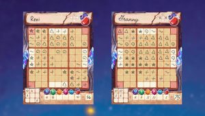 A mock of a finished game of Rune Rite, showing off the player sheets in use.