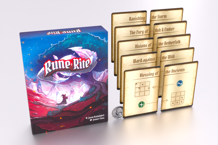 The featured pledge tier for the Rune Rite Kickstarter campaign. A box of the Rune Rite board game and ten cards for The Grimoire Mini-Expansion.